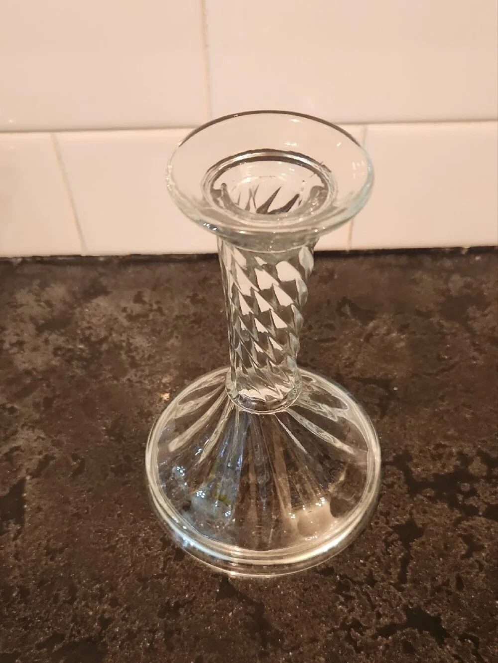 Vintage Indiana Glass Caledonia Candlestick Holders, Clear Swirl Taper Pair